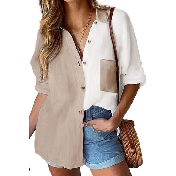Azura Exchange  Khaki Colorblock Buttons Shirt-Collar Long Sleeve Pocket Blouse - Picture 6 of 13